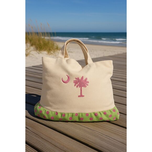 Embroidered Palm Tree Crescent Canvas Tote Bag Green Polka Dot Lining & Handles - Picture 6 of 6